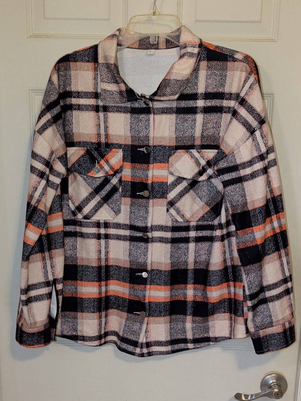 Women's Plaid Button-Front Shacket in Black, Cream & Orange Size L
